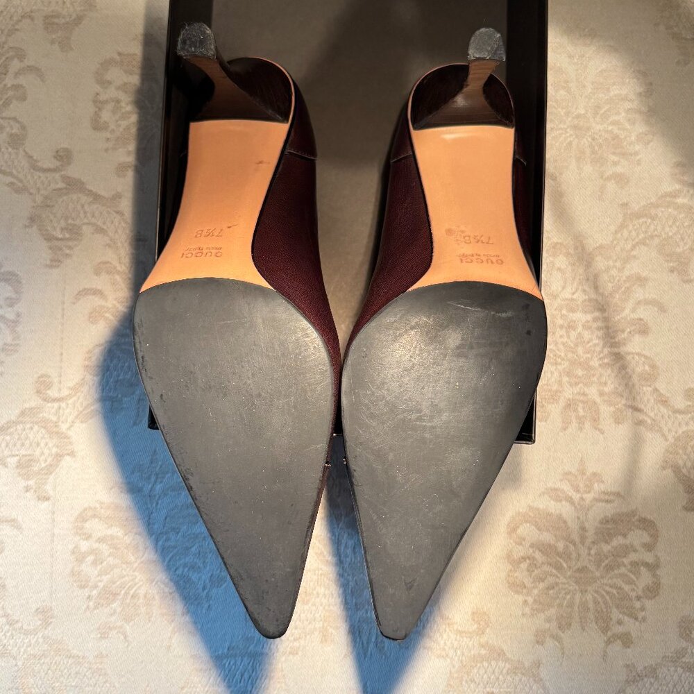 Gucci 115157 Brown Leather Pumps Pointed Toe Size 7.5 Shoes - Picture 13 of 16